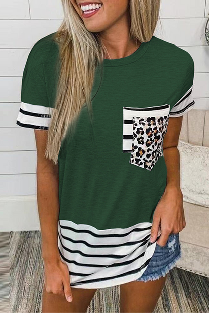 Casual Striped Leopard Split Joint Pocket O Neck T-Shirts(10 Colors)