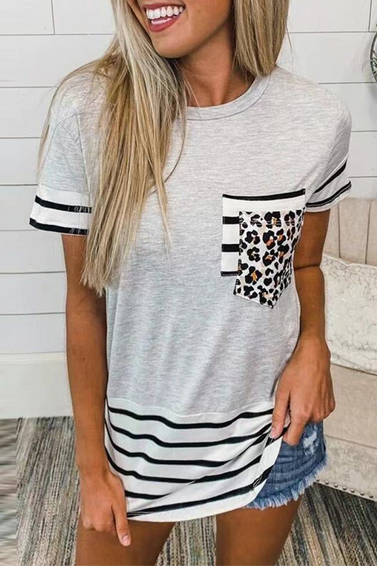 Casual Striped Leopard Split Joint Pocket O Neck T-Shirts(10 Colors)