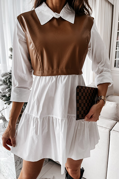 Elegant Patchwork Flounce Contrast Turndown Collar A Line Dresses(3 Colors)