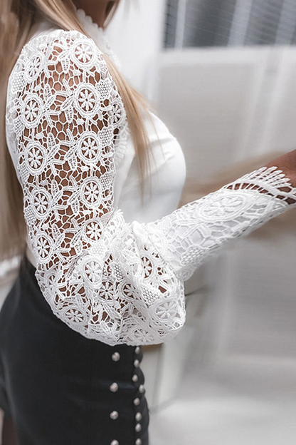 Elegant Solid Lace Hollowed Out Buckle Mandarin Collar Blouses(4 Colors)