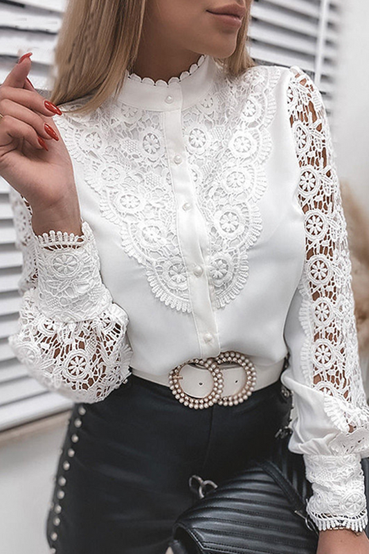 Elegant Solid Lace Hollowed Out Buckle Mandarin Collar Blouses(4 Colors)