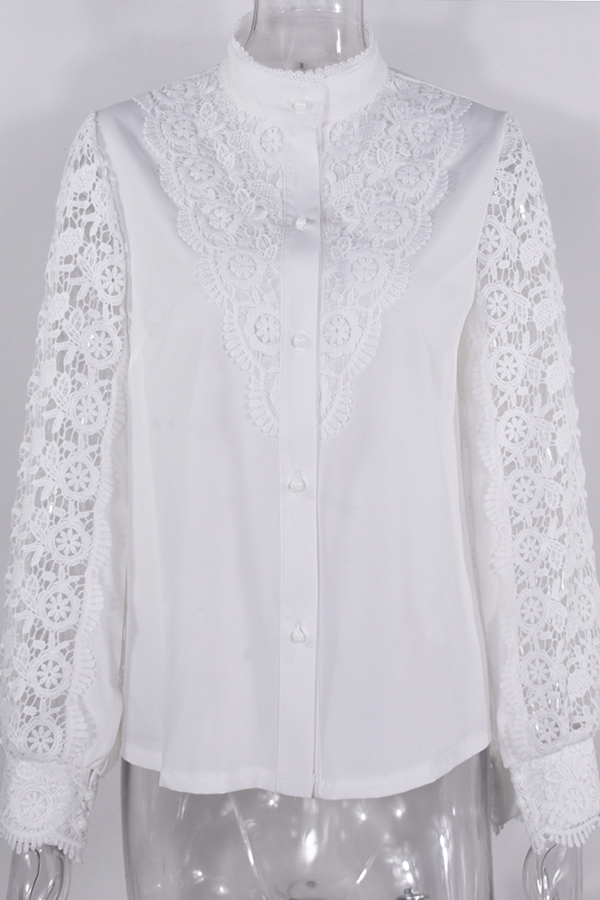 Elegant Solid Lace Hollowed Out Buckle Mandarin Collar Blouses(4 Colors)