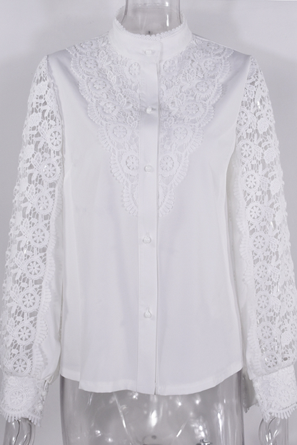 Elegant Solid Lace Hollowed Out Buckle Mandarin Collar Blouses(4 Colors)