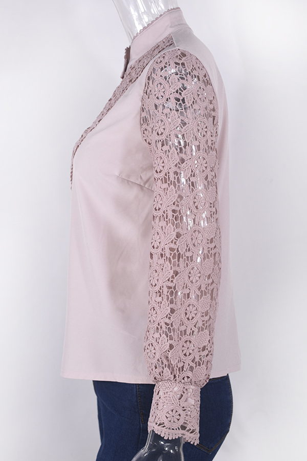 Elegant Solid Lace Hollowed Out Buckle Mandarin Collar Blouses(4 Colors)