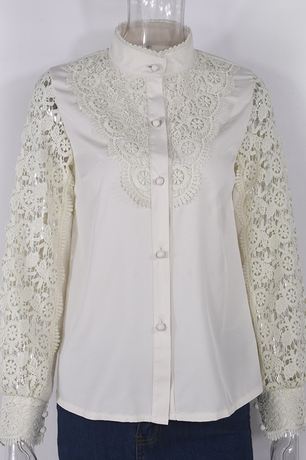Elegant Solid Lace Hollowed Out Buckle Mandarin Collar Blouses(4 Colors)