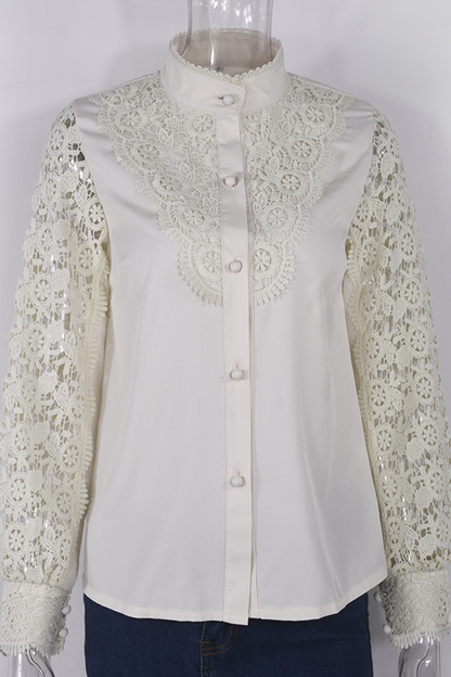 Elegant Solid Lace Hollowed Out Buckle Mandarin Collar Blouses(4 Colors)