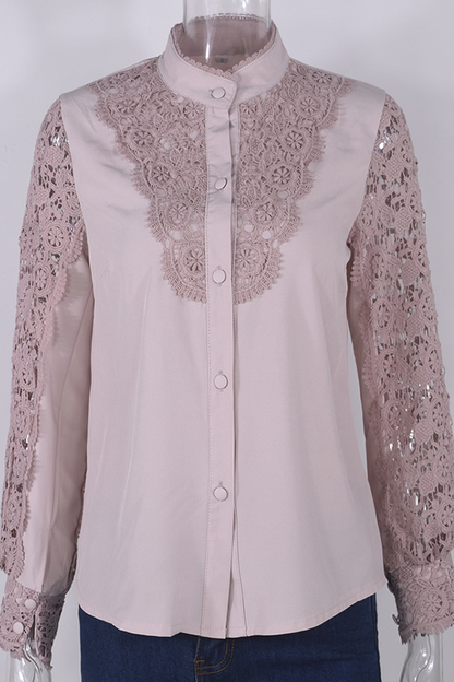 Elegant Solid Lace Hollowed Out Buckle Mandarin Collar Blouses(4 Colors)
