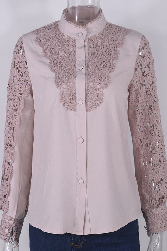 Elegant Solid Lace Hollowed Out Buckle Mandarin Collar Blouses(4 Colors)