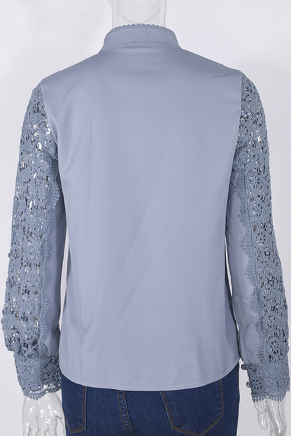 Elegant Solid Lace Hollowed Out Buckle Mandarin Collar Blouses(4 Colors)