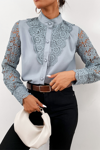 Elegant Solid Lace Hollowed Out Buckle Mandarin Collar Blouses(4 Colors)