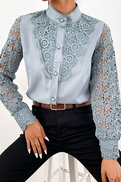 Elegant Solid Lace Hollowed Out Buckle Mandarin Collar Blouses(4 Colors)