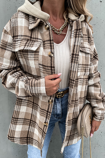 Casual Plaid Patchwork Buckle Hooded Collar Outerwear