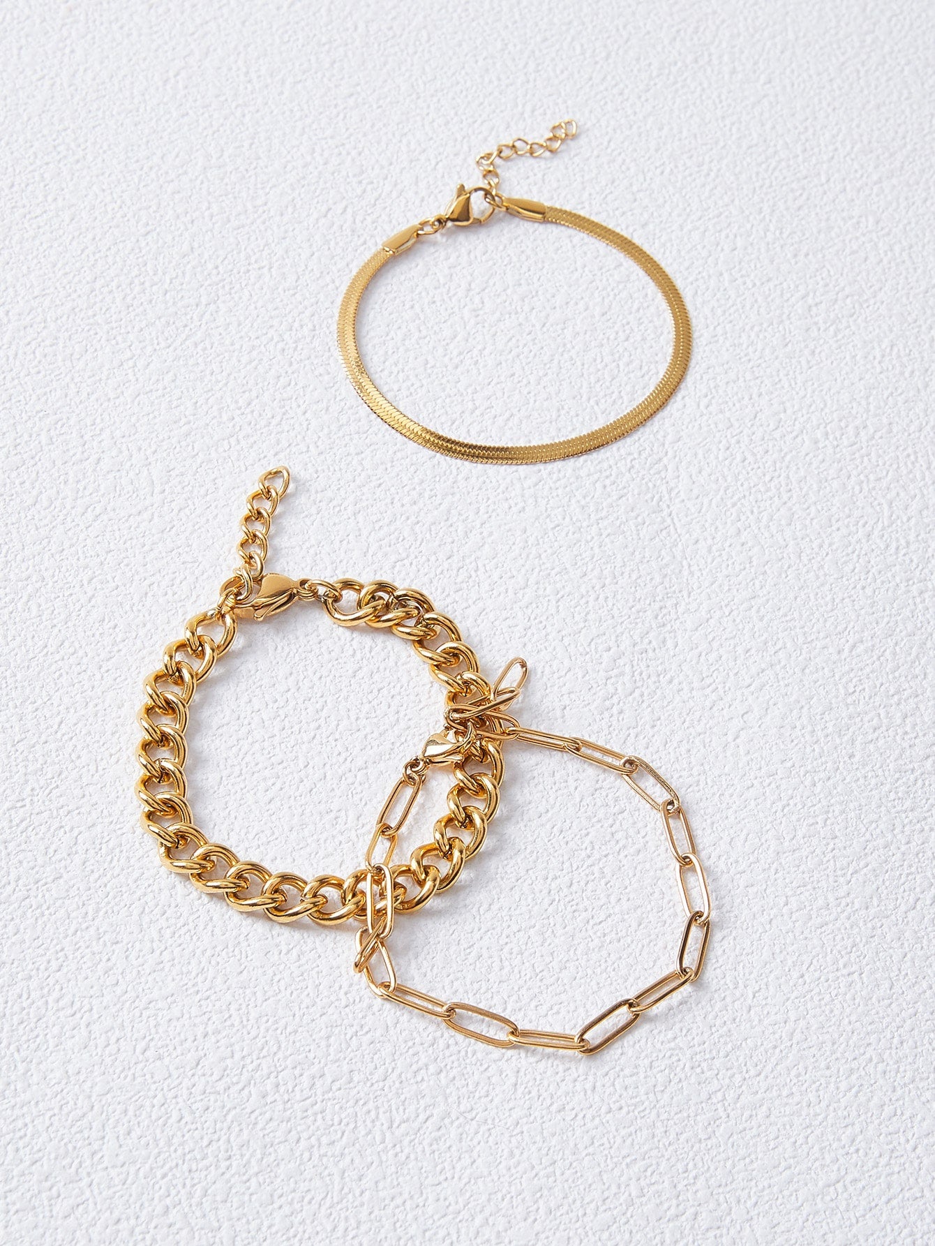Minimalist Link Bracelet Three Piece Stainless Steel Gold