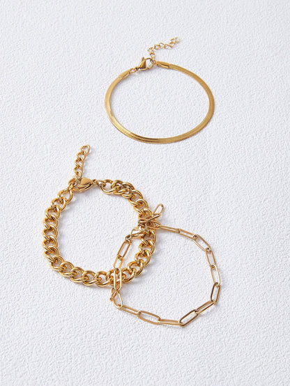 Minimalist Link Bracelet Three Piece Stainless Steel Gold