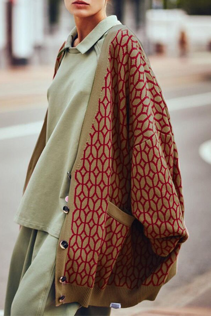 Fashion Casual Geometric Patchwork Buckle V Neck Outerwear Mock Pocket Sweater