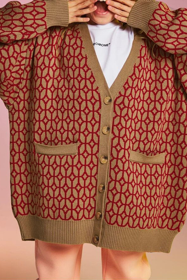 Fashion Casual Geometric Patchwork Buckle V Neck Outerwear Mock Pocket Sweater