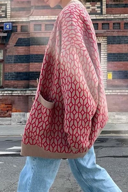 Fashion Casual Geometric Patchwork Buckle V Neck Outerwear Mock Pocket Sweater
