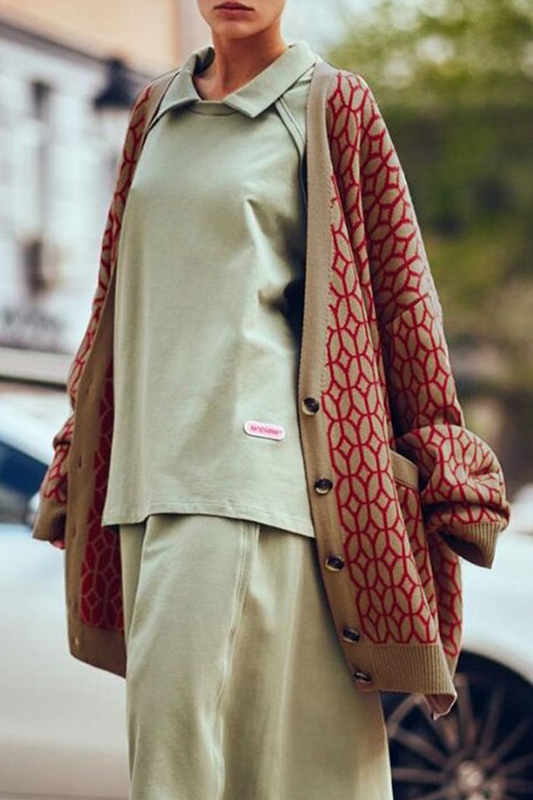 Fashion Casual Geometric Patchwork Buckle V Neck Outerwear Mock Pocket Sweater
