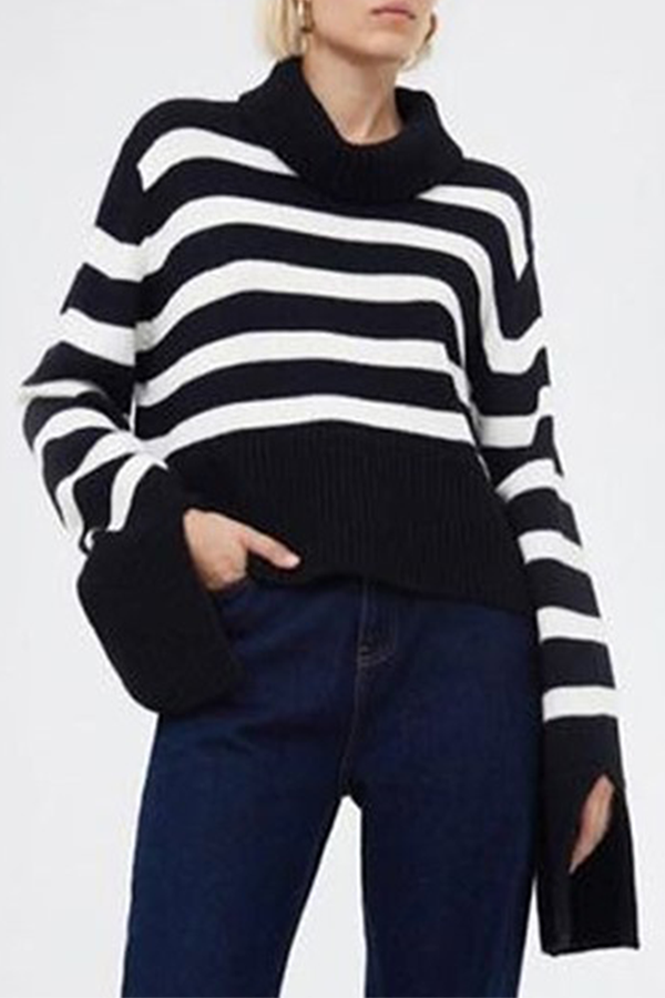 Casual Striped Slit Contrast Turtleneck Tops Sweater