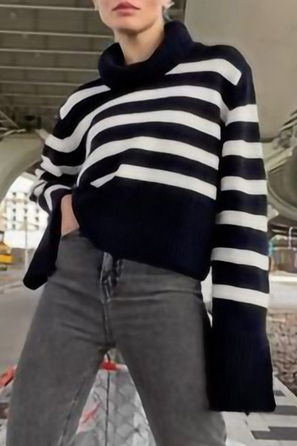 Casual Striped Slit Contrast Turtleneck Tops Sweater