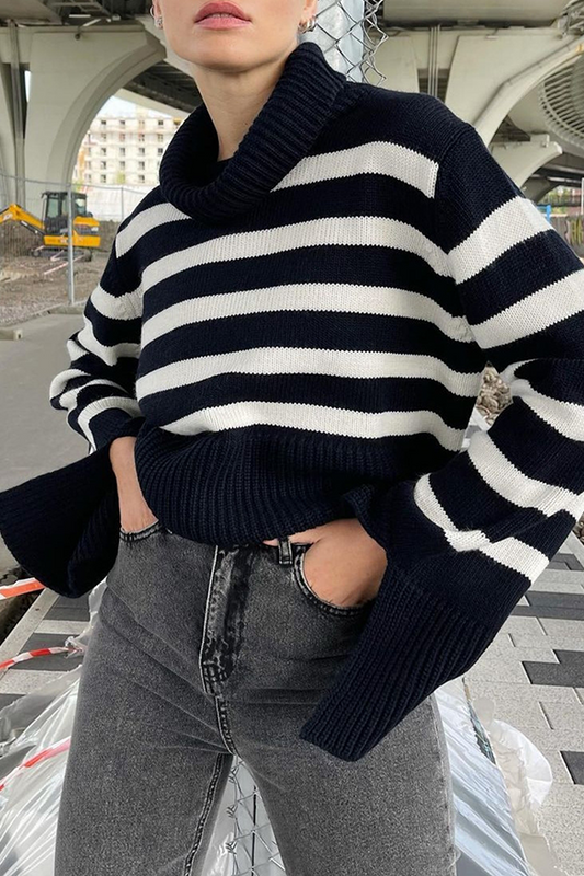 Casual Striped Slit Contrast Turtleneck Tops Sweater