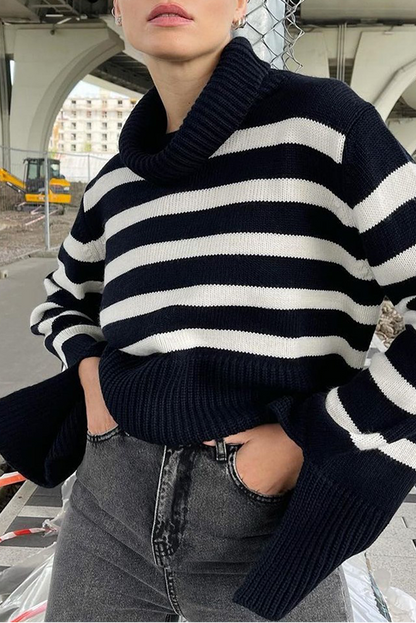 Casual Striped Slit Contrast Turtleneck Tops Sweater