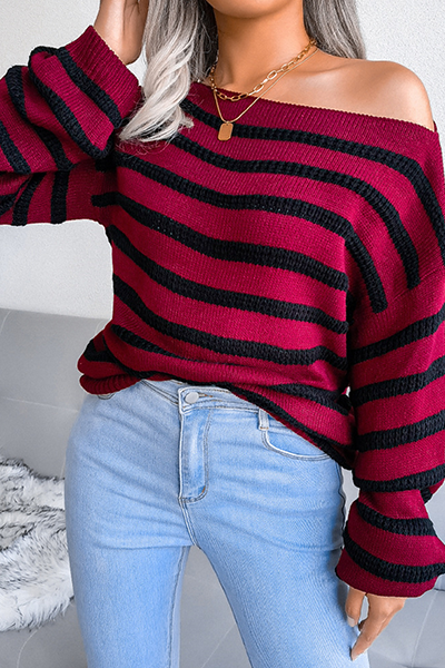 Casual Striped Patchwork Contrast Off the Shoulder Tops