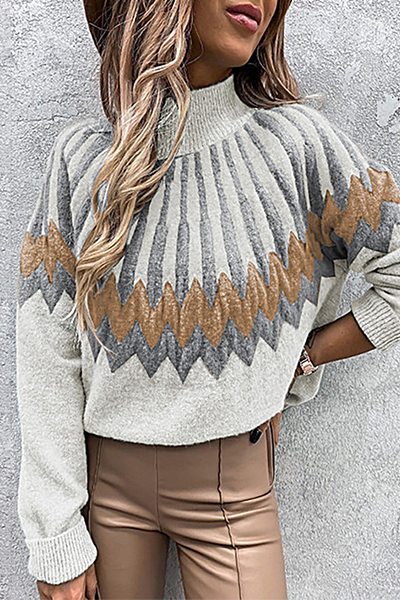 Casual Geometric Split Joint Contrast Turtleneck Tops(4 Colors)