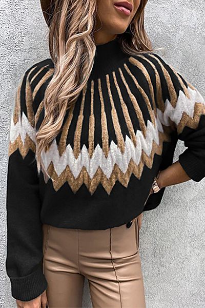 Casual Geometric Split Joint Contrast Turtleneck Tops(4 Colors)