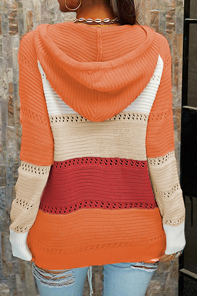 Casual Patchwork Draw String Cross Straps Contrast Hooded Collar Tops(7 Colors)