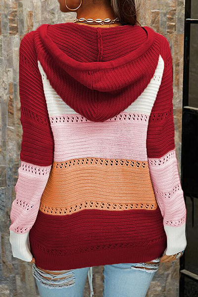 Casual Patchwork Draw String Cross Straps Contrast Hooded Collar Tops(7 Colors)