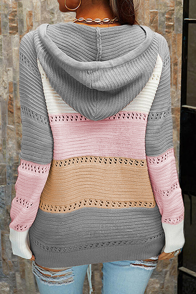 Casual Patchwork Draw String Cross Straps Contrast Hooded Collar Tops(7 Colors)