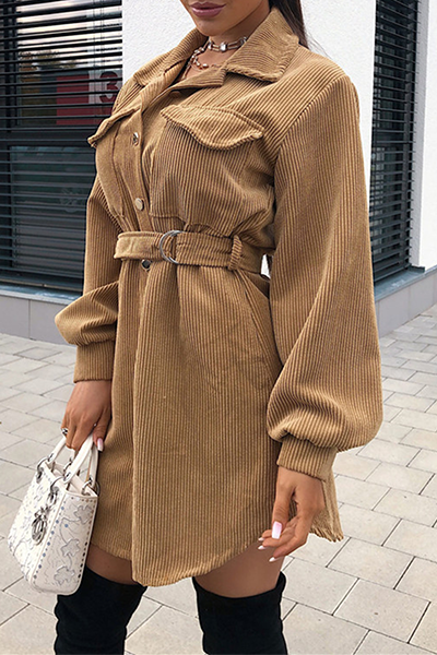 Fashion British Style Solid Pocket Buckle With Belt Turndown Collar Dresses