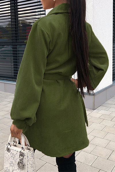 Fashion British Style Solid Pocket Buckle With Belt Turndown Collar Dresses