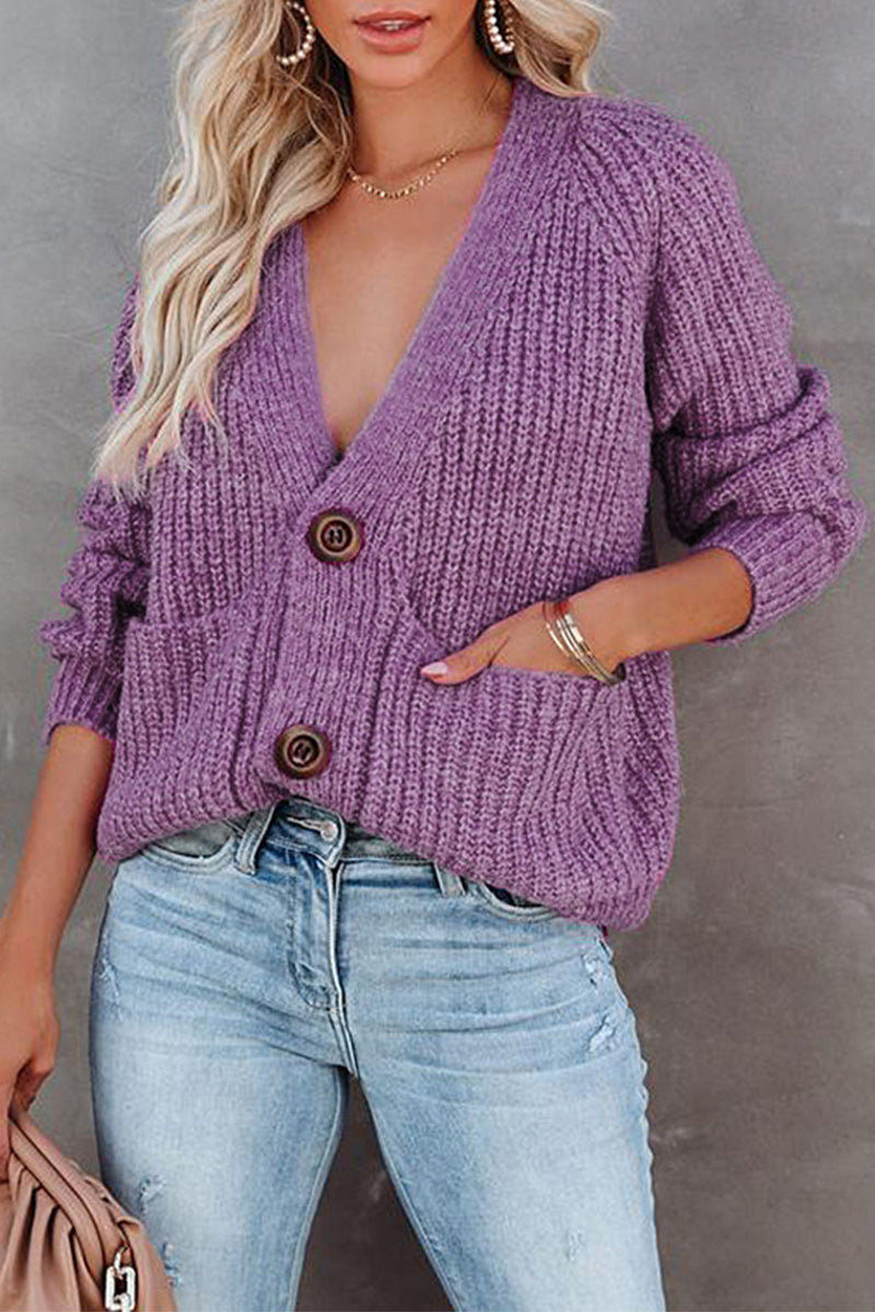 Casual Solid Pocket Buttons V Neck Sweaters(7 Colors)