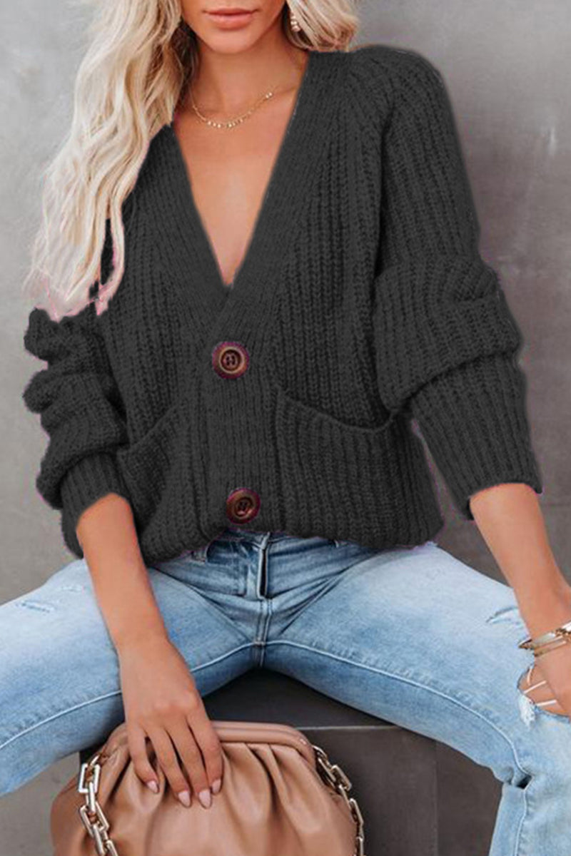 Casual Solid Pocket Buttons V Neck Sweaters(7 Colors)