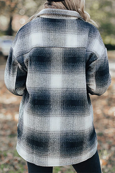 Casual Plaid Pocket Buckle Turndown Collar Outerwear