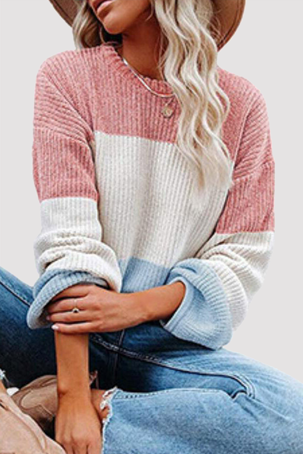 Casual Patchwork Contrast O Neck Tops(8 Colors)