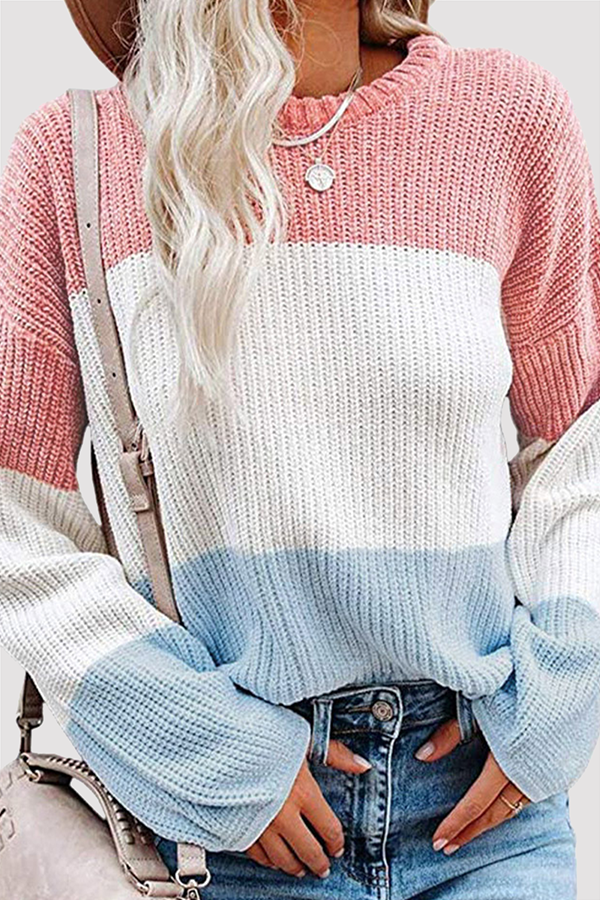Casual Patchwork Contrast O Neck Tops(8 Colors)