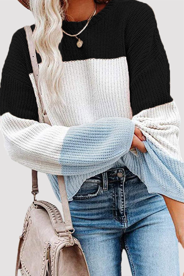Casual Patchwork Contrast O Neck Tops(8 Colors)