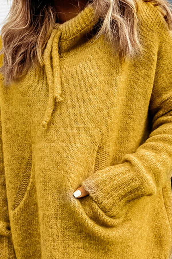 Casual Solid Draw String Pocket Hooded Collar Tops(8 Colors)