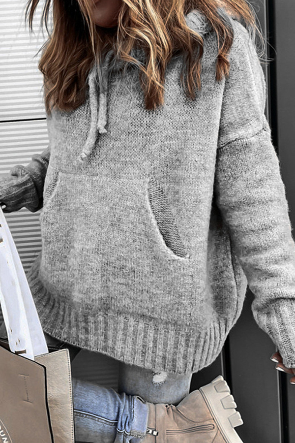 Casual Solid Draw String Pocket Hooded Collar Tops(8 Colors)
