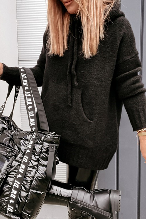 Casual Solid Draw String Pocket Hooded Collar Tops(8 Colors)