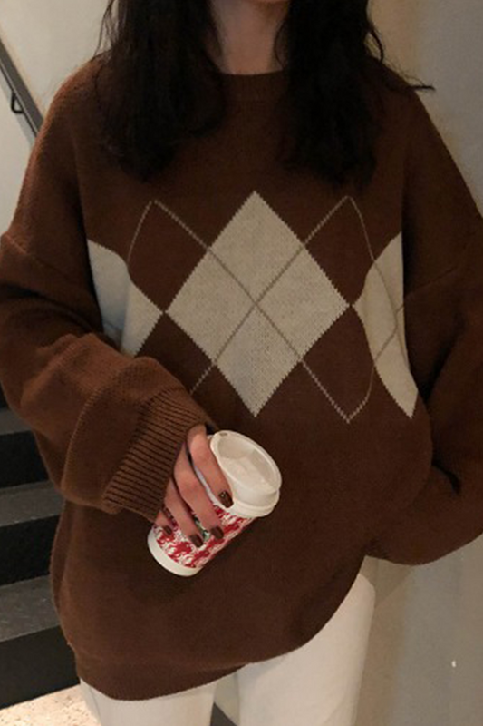 Casual Geometric Patchwork Contrast O Neck Tops Sweater(3 Colors)