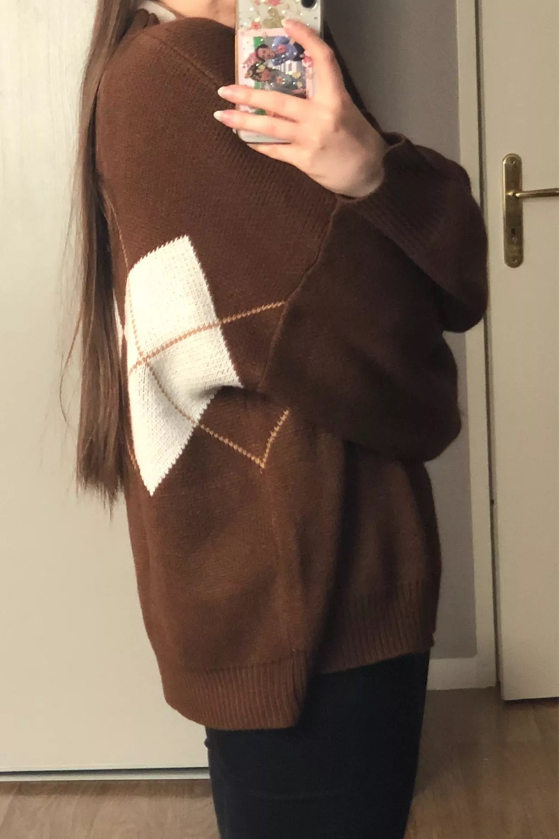 Casual Geometric Patchwork Contrast O Neck Tops Sweater(3 Colors)