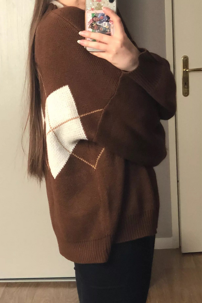 Casual Geometric Patchwork Contrast O Neck Tops Sweater(3 Colors)