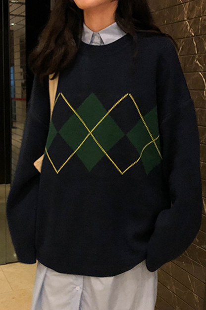 Casual Geometric Patchwork Contrast O Neck Tops Sweater(3 Colors)