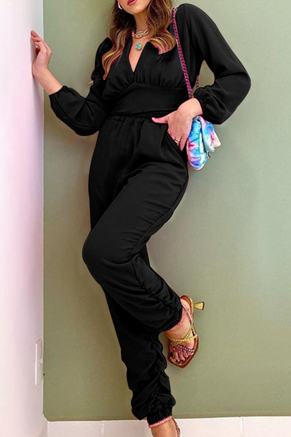 Casual Solid Fold V Neck Long Sleeve Two Pieces