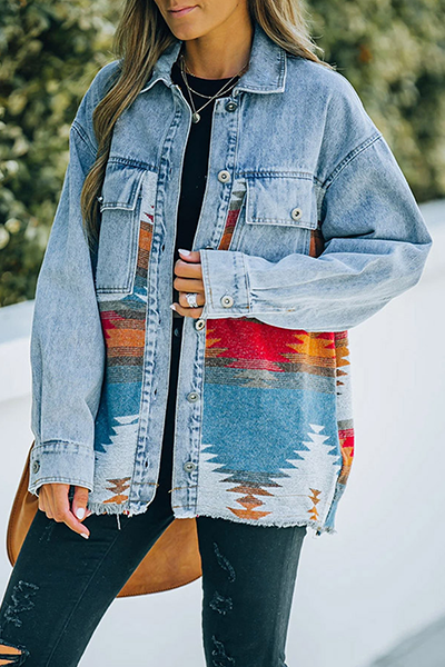 Fashion Casual Geometric Pocket Buckle Turndown Collar Outerwear