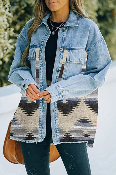 Fashion Casual Geometric Pocket Buckle Turndown Collar Outerwear